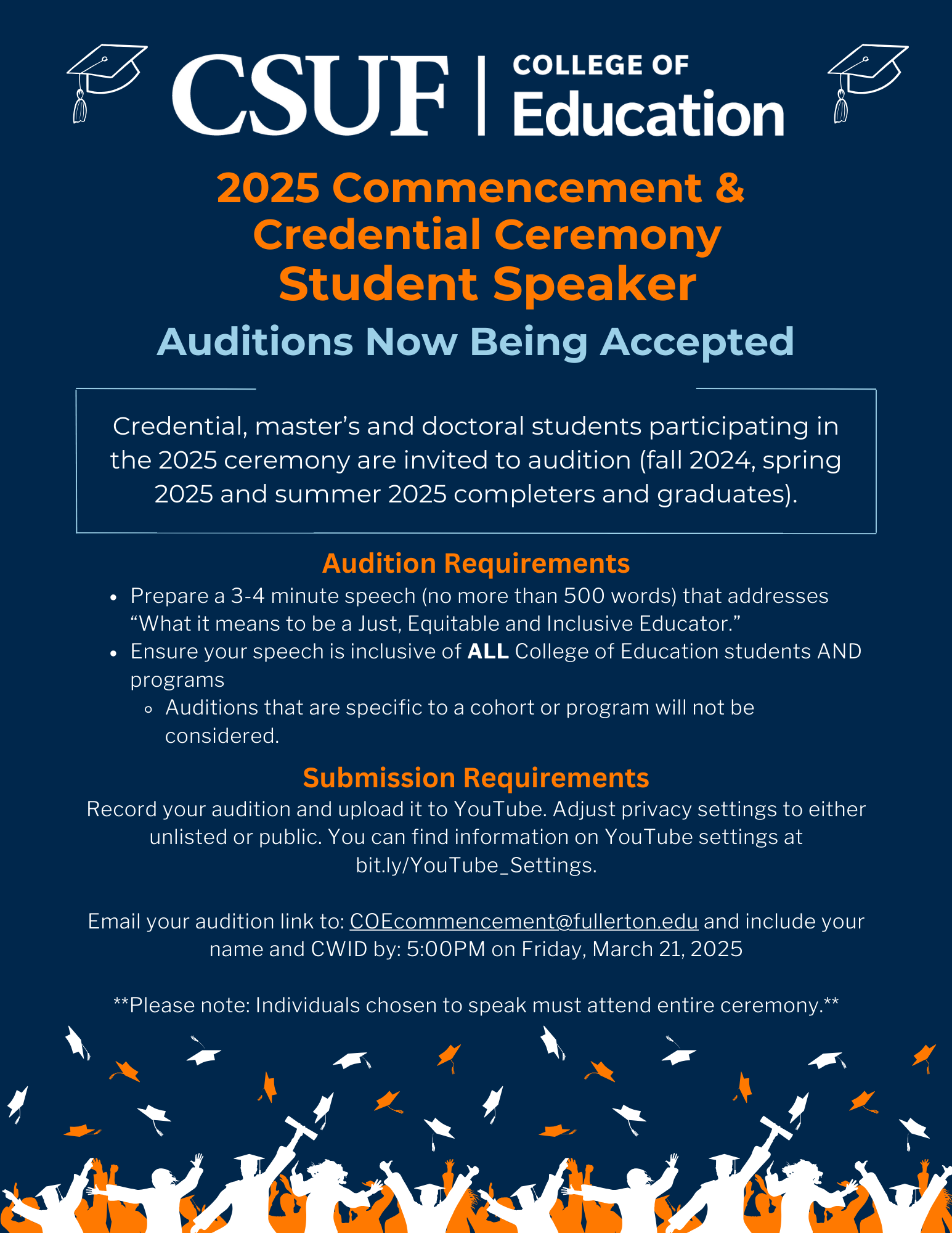 flier with information about audition for commencment speaker