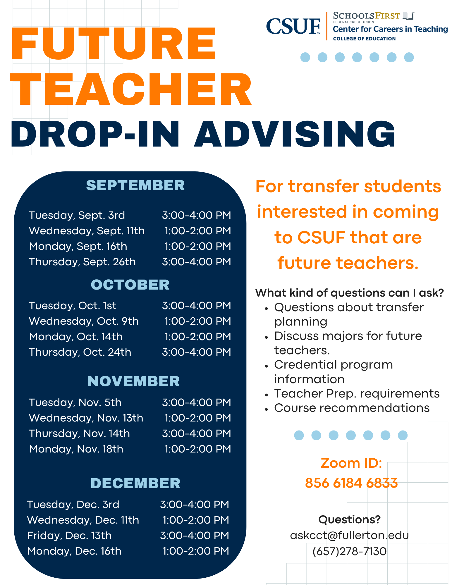 Fall 2024 drop in advising schedule for community college future teachers