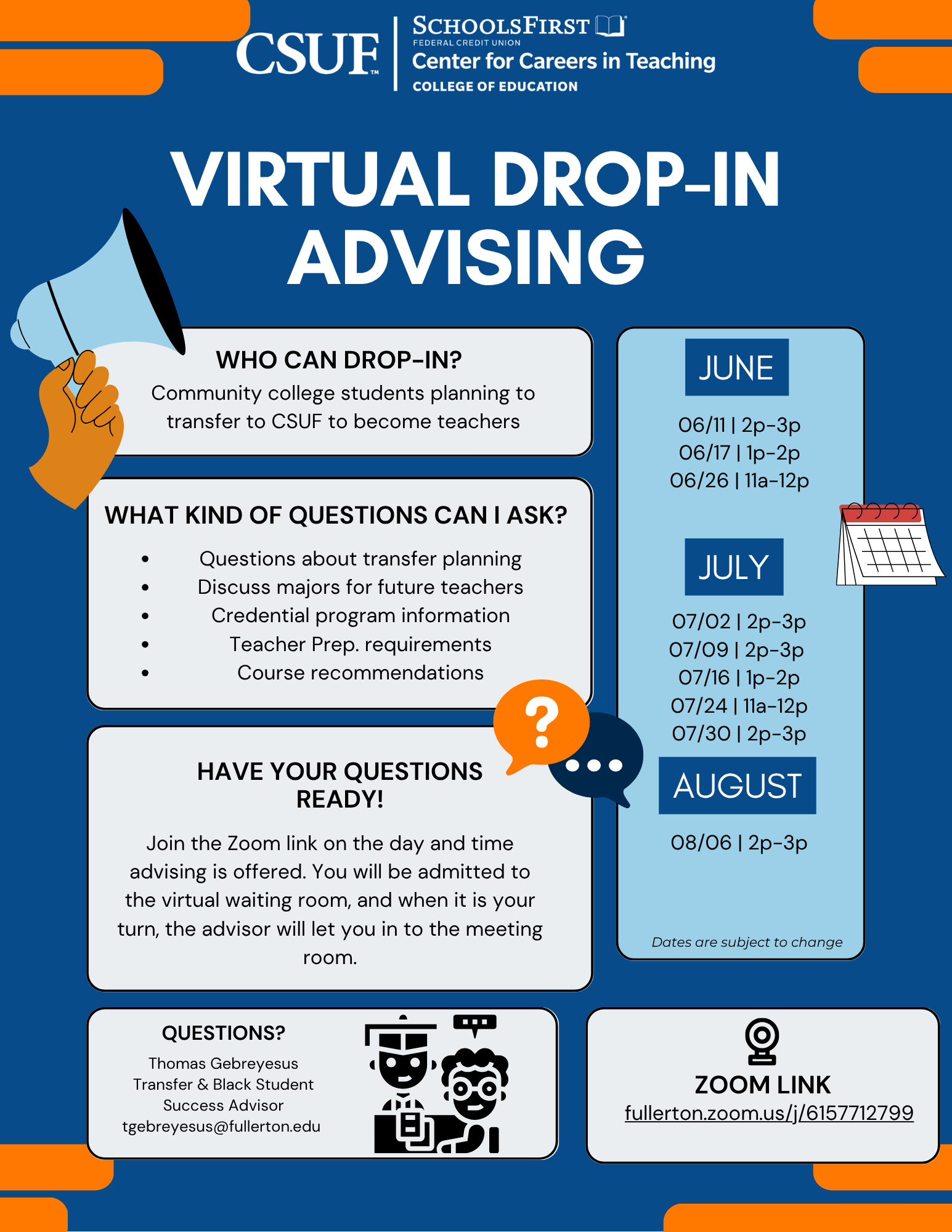 flier with advising dates and links