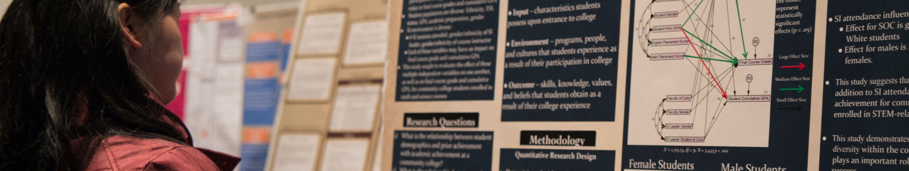 woman looking at c-real poster at research symposium