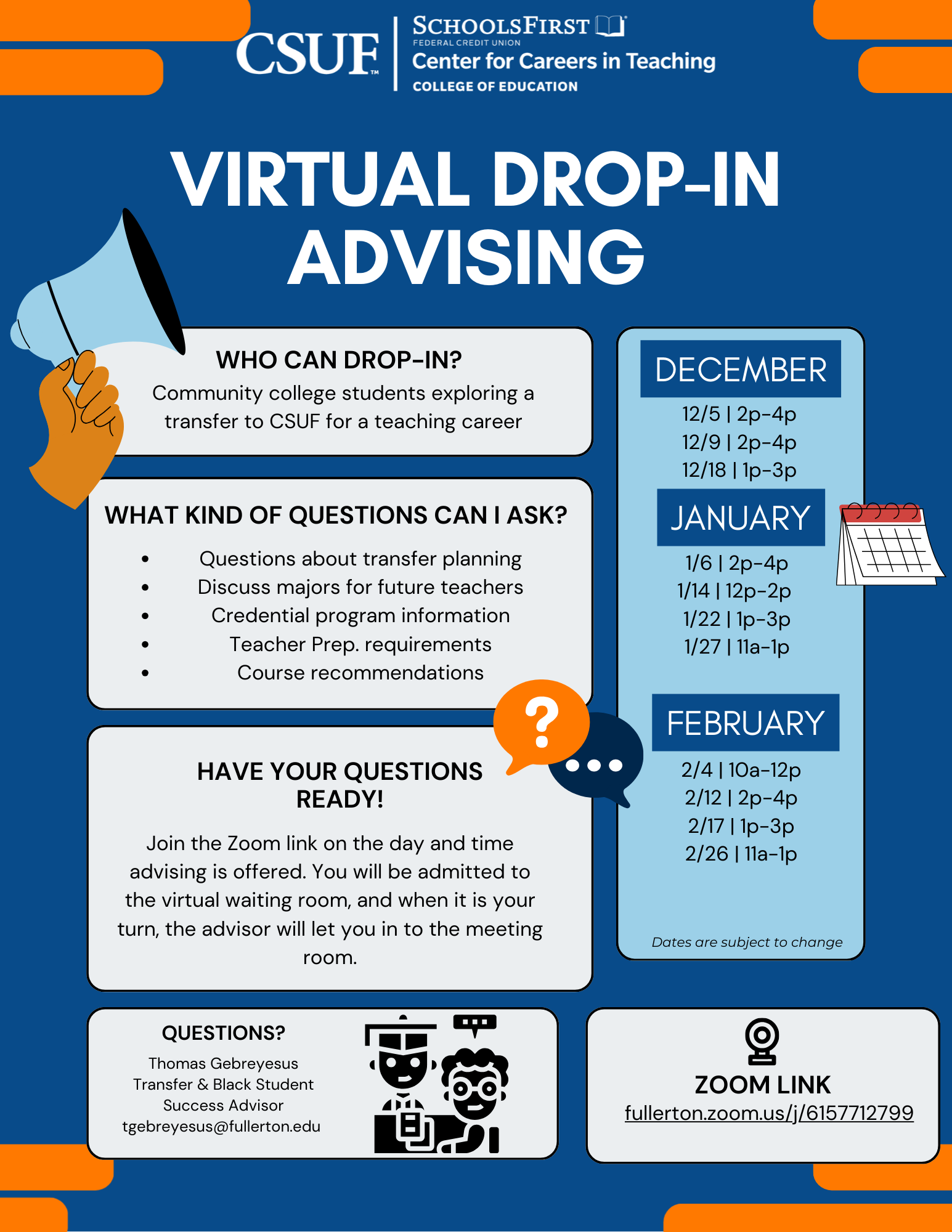Flyer for drop-in advising hours