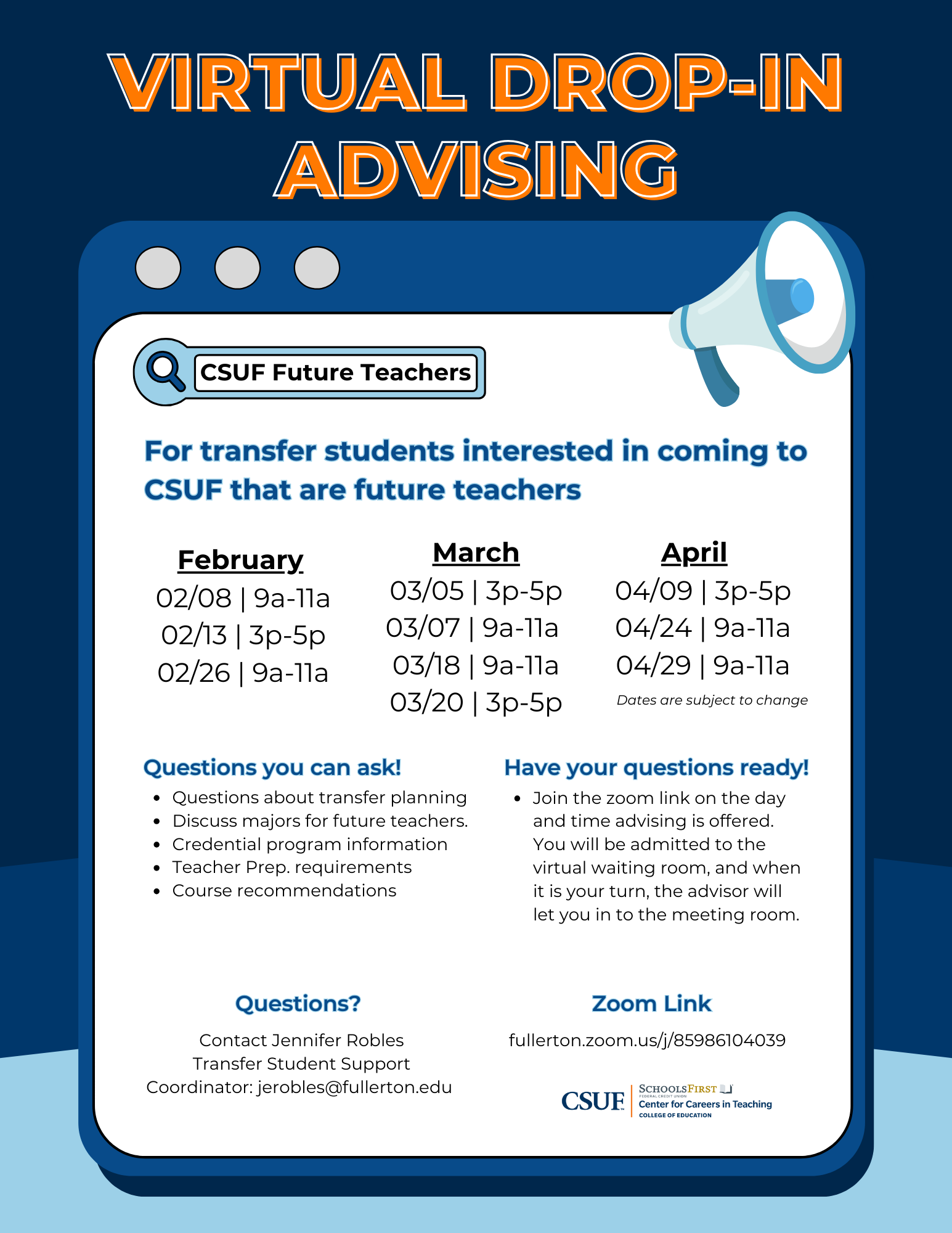 flyer with transfer student advising hours